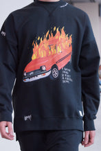 Load image into Gallery viewer, Burning Car Black Crewneck
